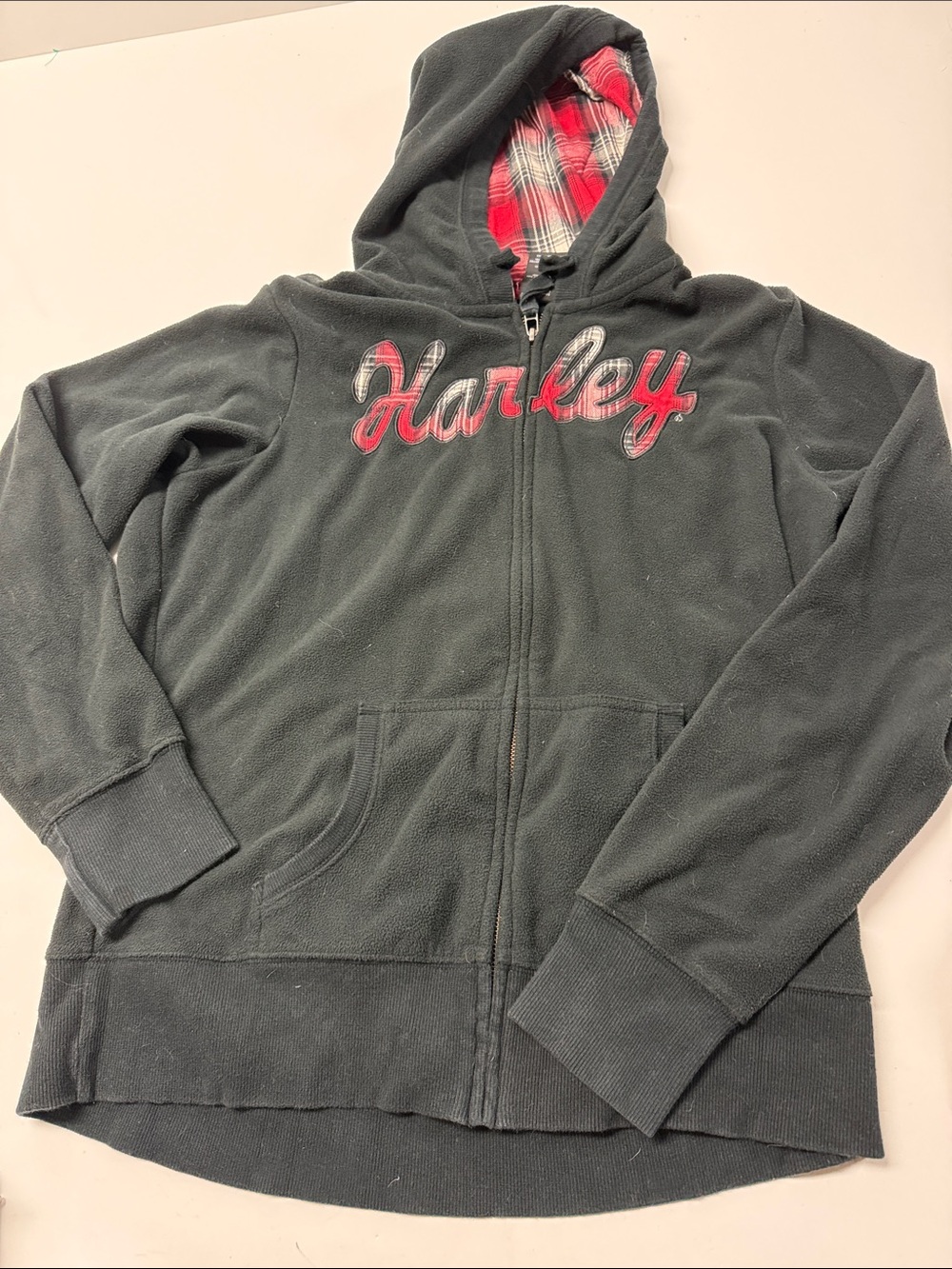 Harley Davidson Black fleece Hooded Zip Jacket with Red Plaid Accents